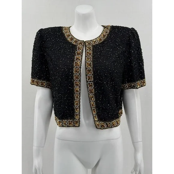 Vintage Laurence Kazar Jacket Womens Large Black Beaded 100% Silk Evening Formal - Picture 1 of 9